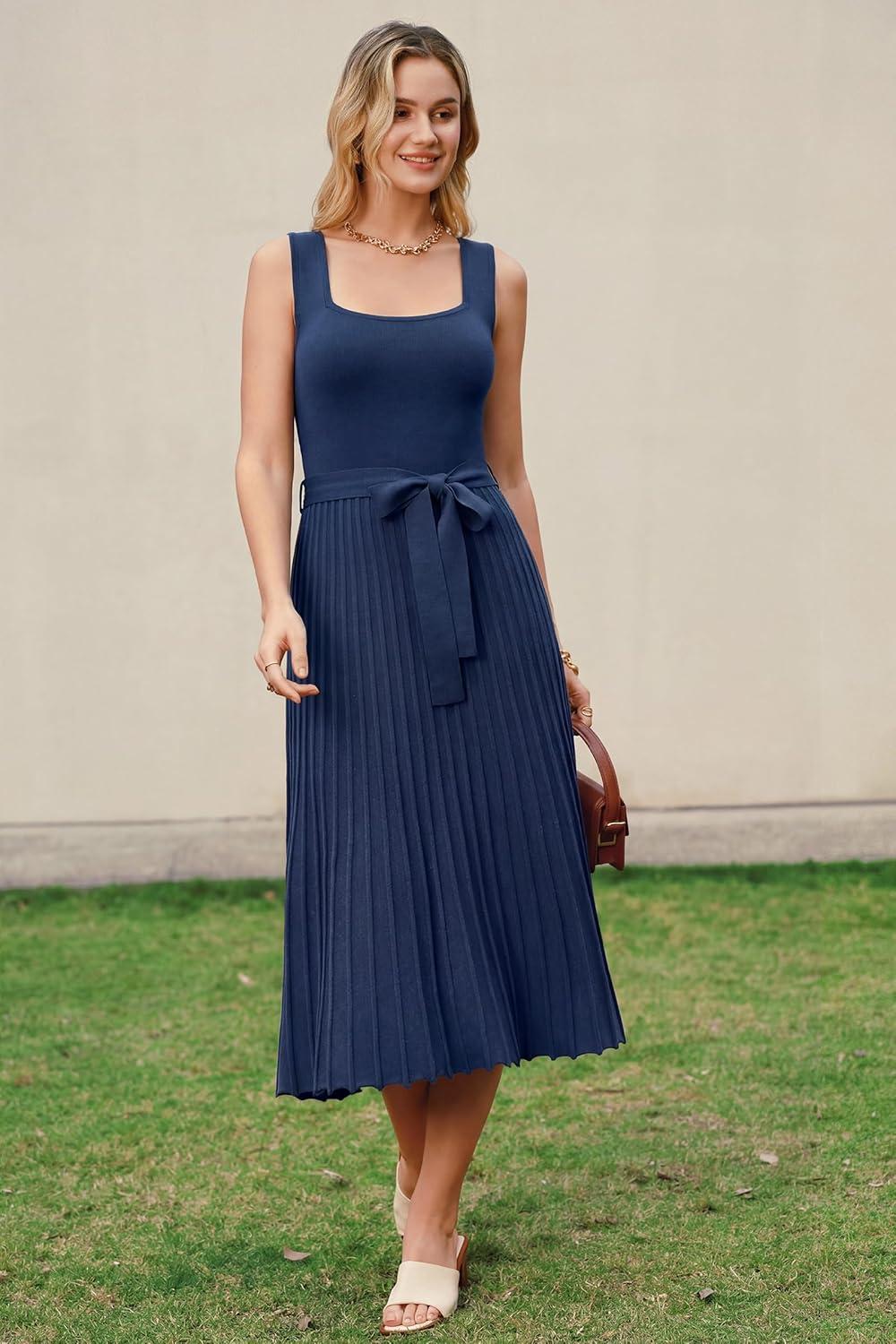 imageArachampCloz Womens Wool Blend Square Neck Tie Waist Pleated Summer Sweater Dress 2026Navy