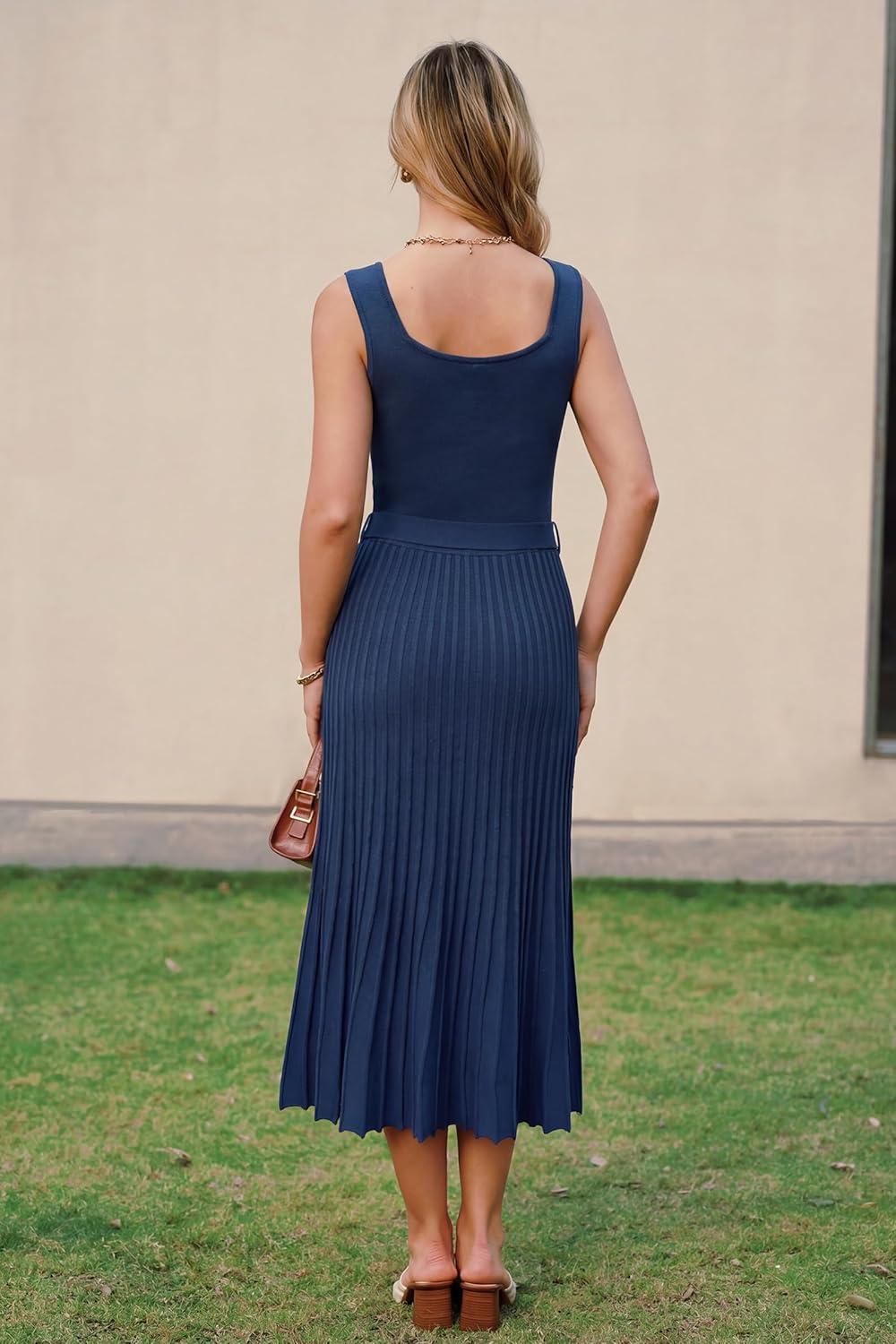 imageArachampCloz Womens Wool Blend Square Neck Tie Waist Pleated Summer Sweater Dress 2026Navy