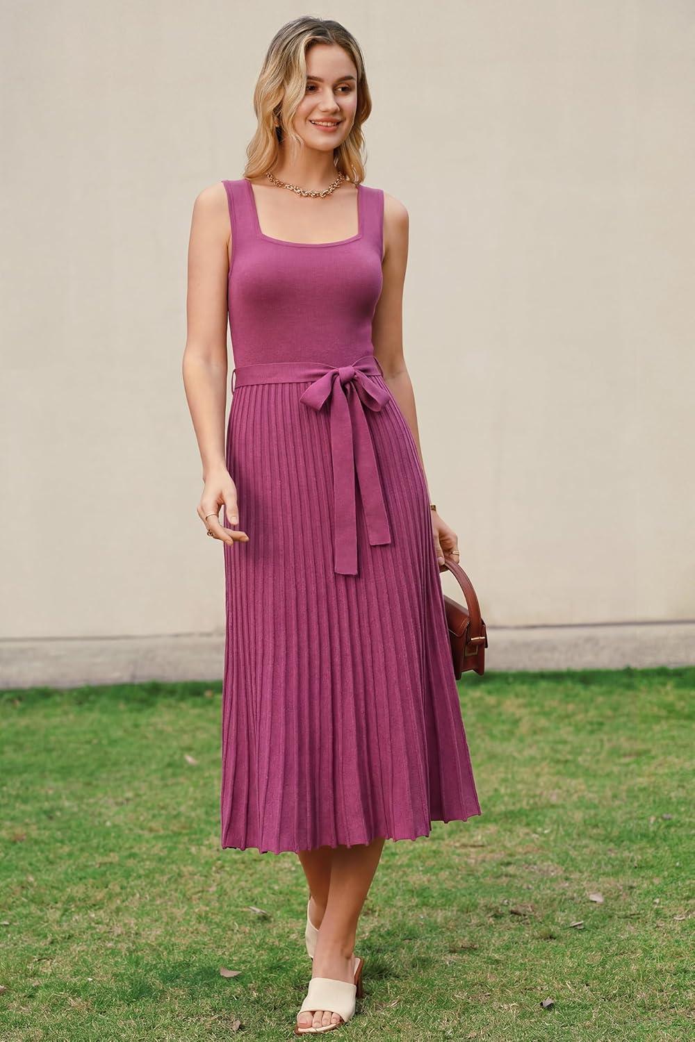 imageArachampCloz Womens Wool Blend Square Neck Tie Waist Pleated Summer Sweater Dress 2026Rose Red