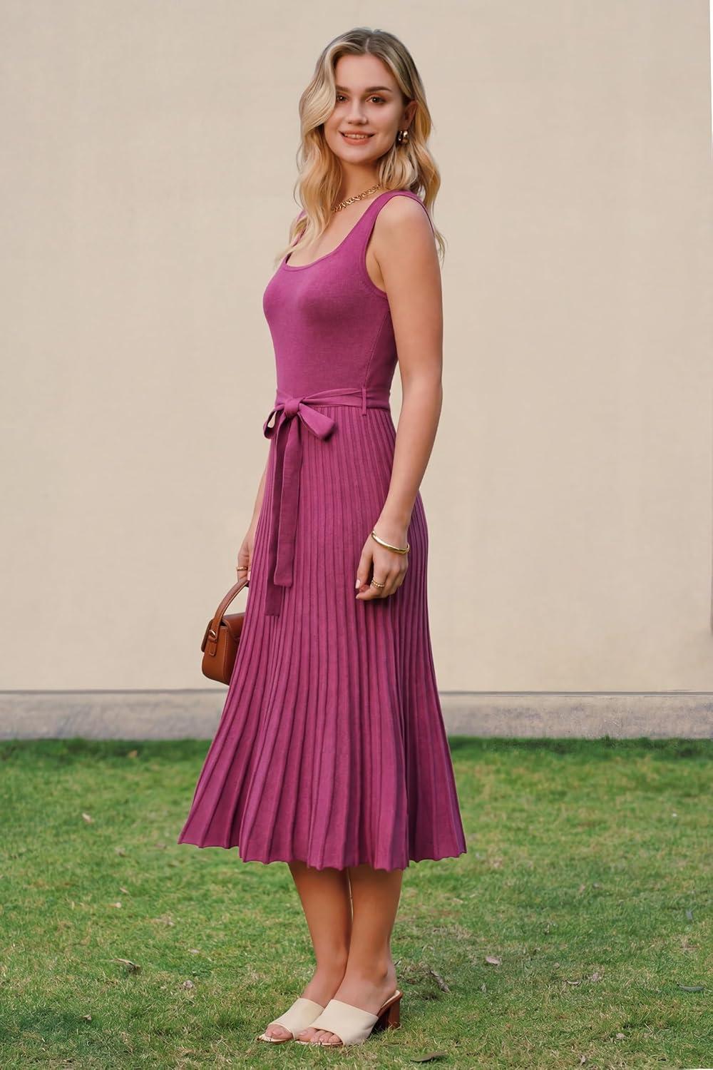 imageArachampCloz Womens Wool Blend Square Neck Tie Waist Pleated Summer Sweater Dress 2026Rose Red