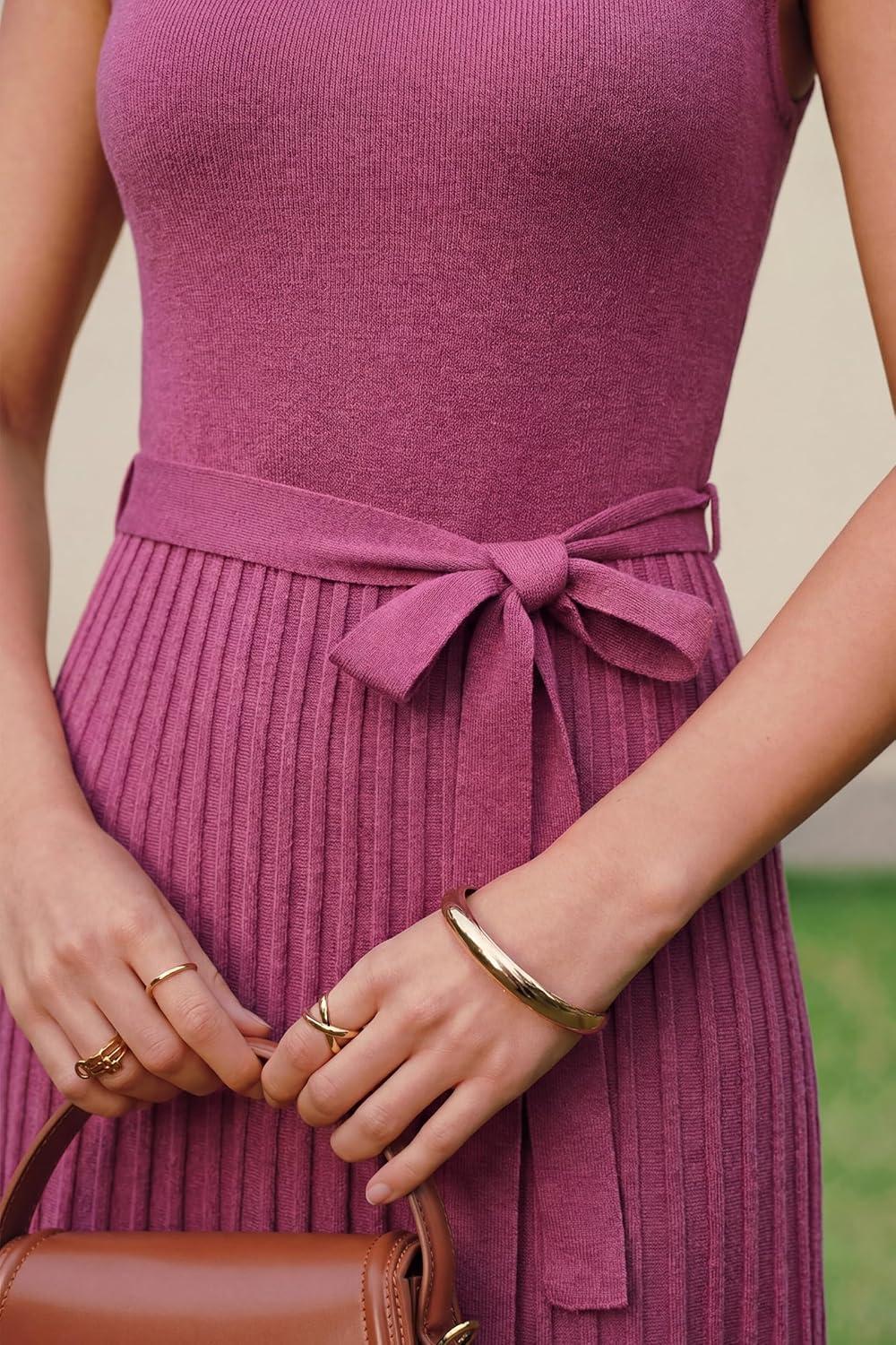 imageArachampCloz Womens Wool Blend Square Neck Tie Waist Pleated Summer Sweater Dress 2026Rose Red