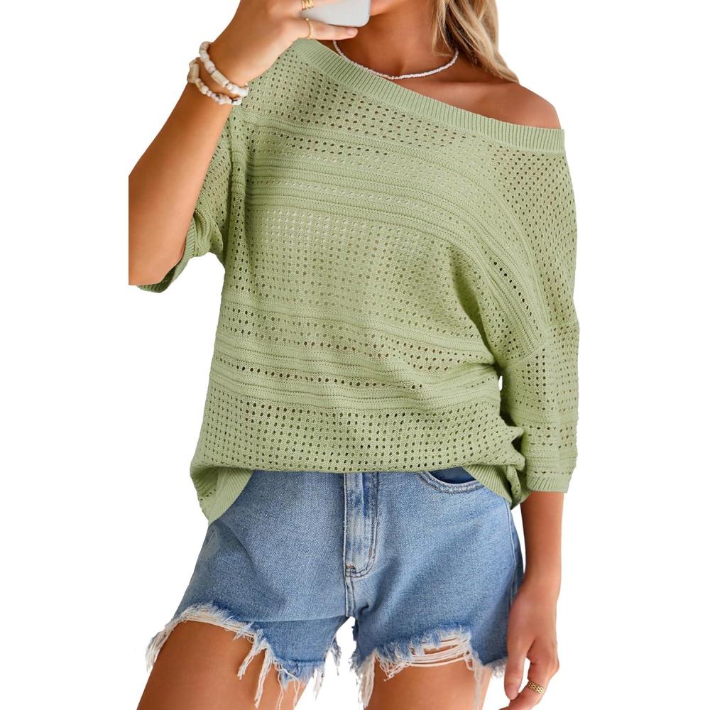 imageArachampCloz Womens Linen Blend Off Shoulder Summer Cover Up Beach Casual Crochet Tops Hollow Out Vacation Outfits 2026Light Green