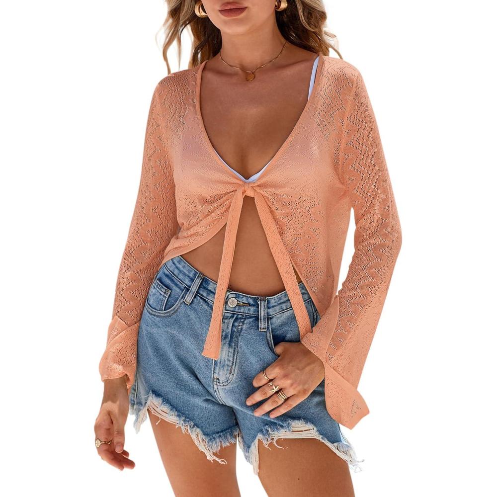 imageArachampCloz Womens Linen Blend Tie Front Bolero Shrug Beach Cropped Cover Up 2026Orange