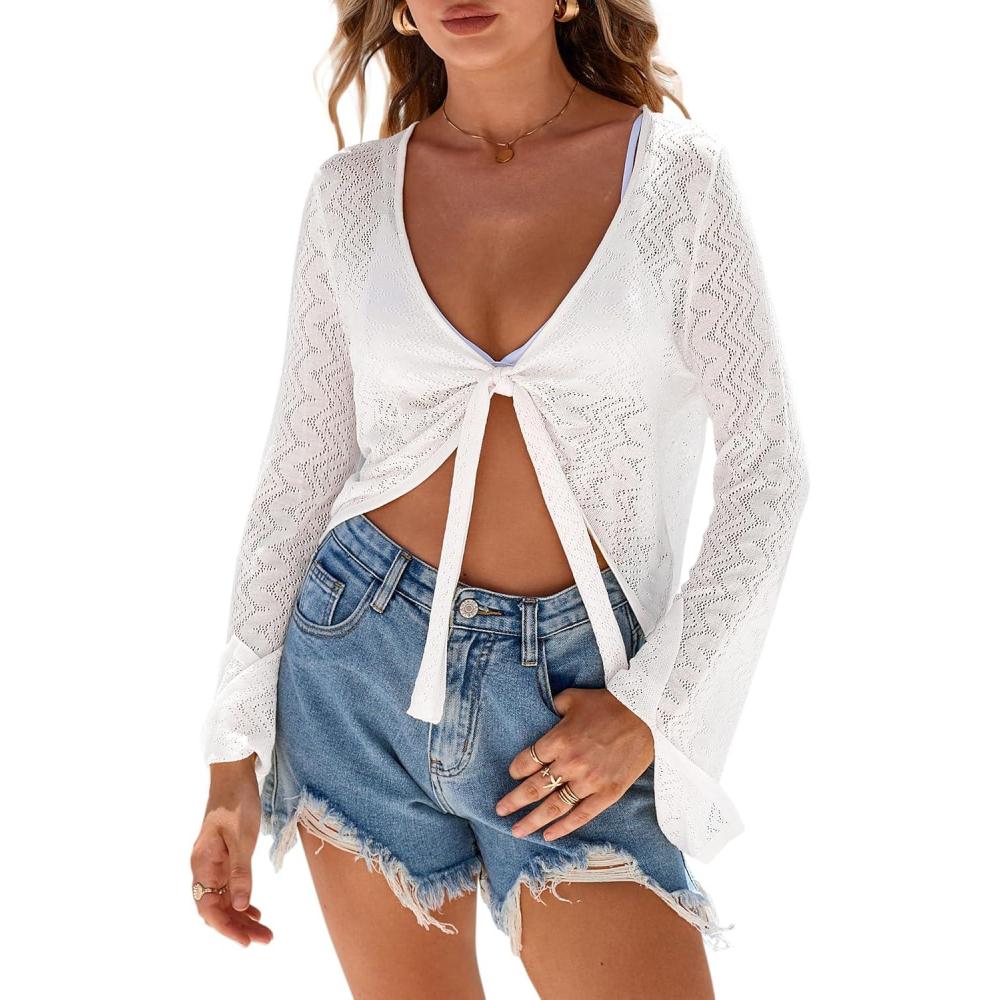 imageArachampCloz Womens Linen Blend Tie Front Bolero Shrug Beach Cropped Cover Up 2026White