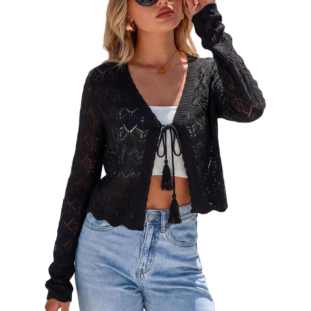 imageArachampCloz Womens Linen Tie Front Crochet Spring Shrug Beach Vacation Cropped CardiganBlack