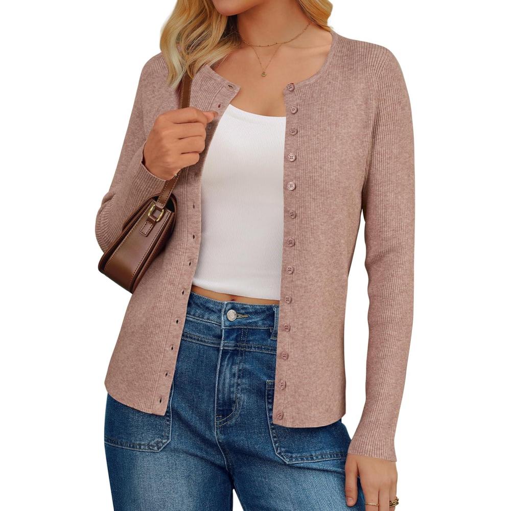 imageArachampCloz Womens Wool Blend Button Up Spring Business Cardigan Tops Outfits 2026Oatmeal Dusty Pink