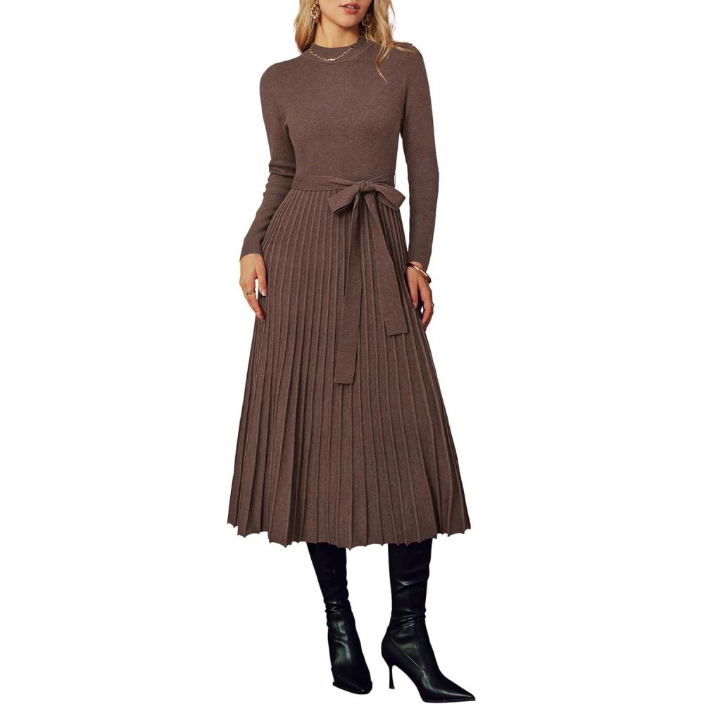 imageArachampCloz Womens Wool Blend Mock Neck Tie Waist Fall Winter Pleated Sweater Dress 2026