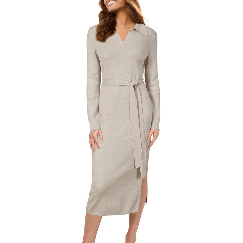 imageArachampCloz Womens Wool Blend Side Slit Polo Sweater Dresses 2025 Fall Business Casual OutfitsApricot