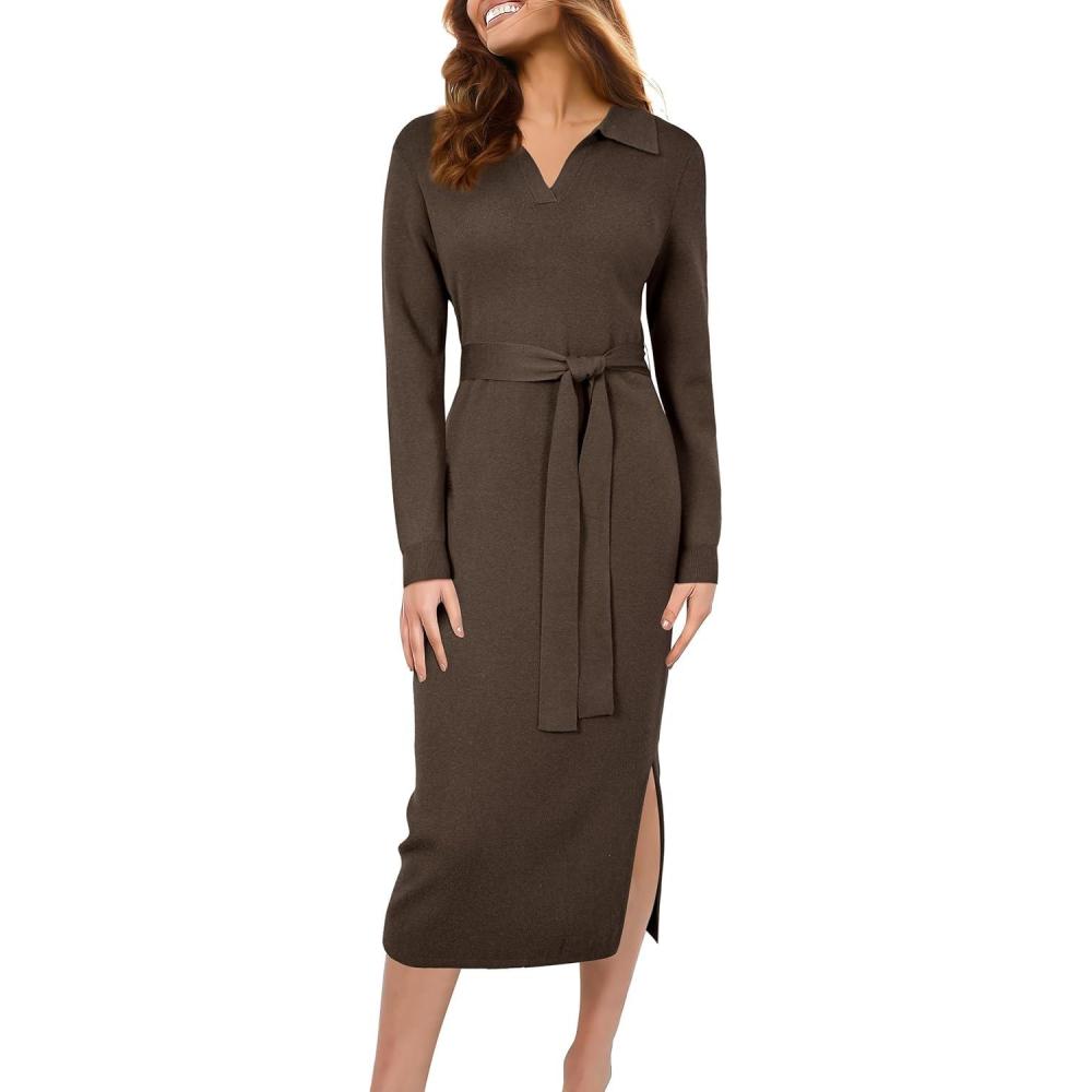 imageArachampCloz Womens Wool Blend Side Slit Polo Sweater Dresses 2025 Fall Business Casual OutfitsBrown Coffee