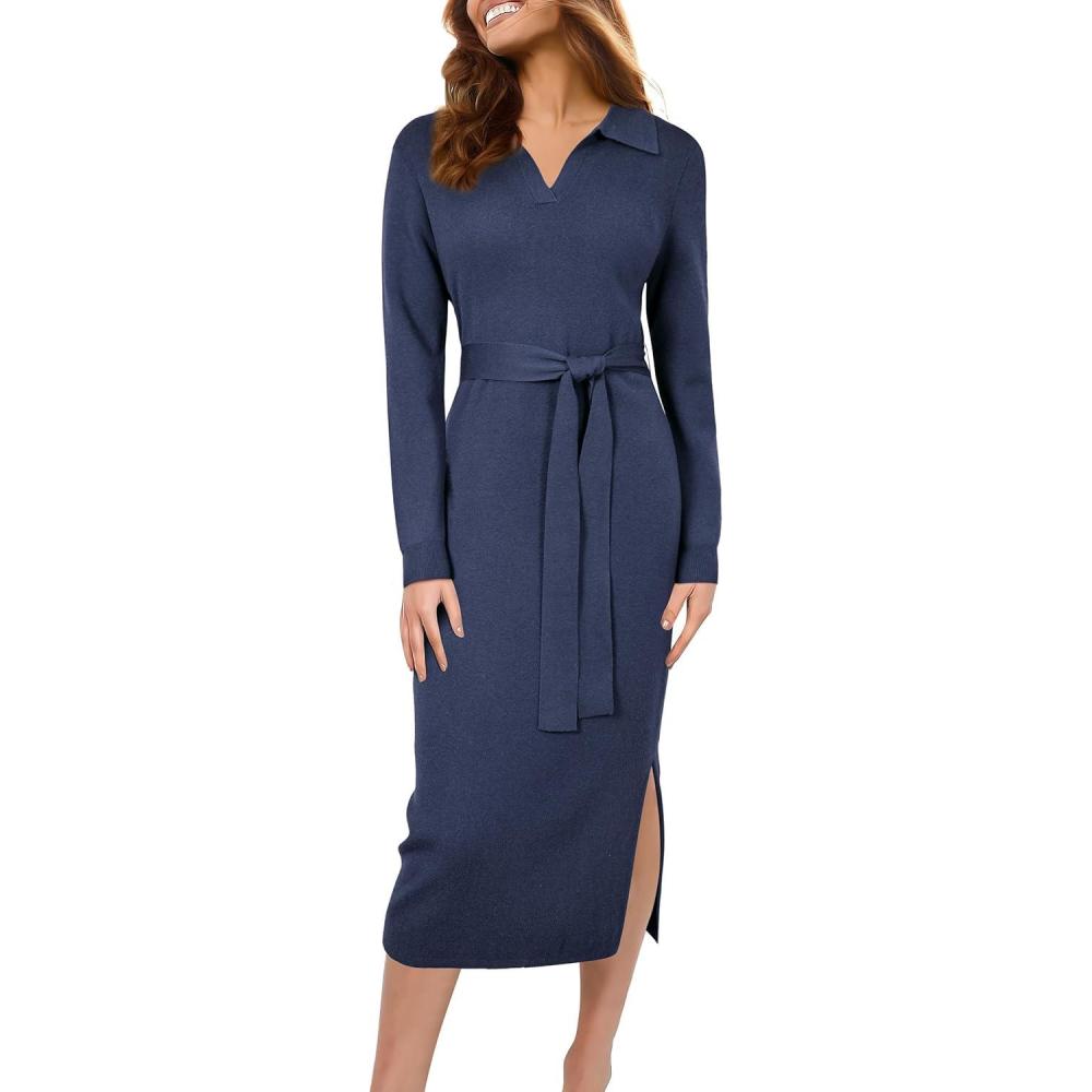 imageArachampCloz Womens Wool Blend Side Slit Polo Sweater Dresses 2025 Fall Business Casual OutfitsDark Blue
