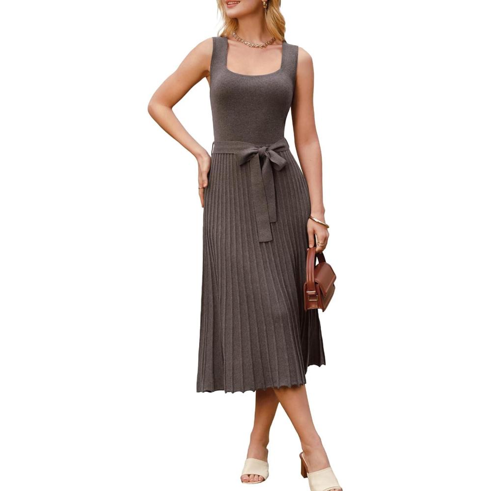 imageArachampCloz Womens Wool Blend Square Neck Tie Waist Pleated Summer Sweater Dress 2026Coffee