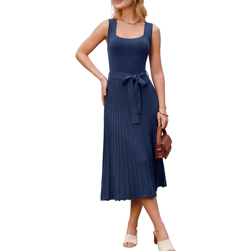 imageArachampCloz Womens Wool Blend Square Neck Tie Waist Pleated Summer Sweater Dress 2026Navy