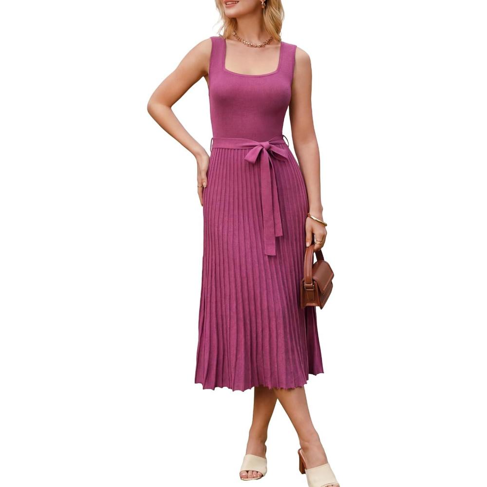 imageArachampCloz Womens Wool Blend Square Neck Tie Waist Pleated Summer Sweater Dress 2026Rose Red