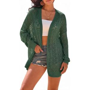 Arach&Cloz Women’s Crochet Swim Cover Up Linen Blend Open Front Beach Oversized Outfits 2026(Dark Green)