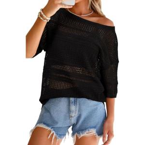 Arach&Cloz Women’s Linen Blend Off Shoulder Summer Cover Up Beach Casual Crochet Tops Hollow Out Vacation Outfits 2026(Black)