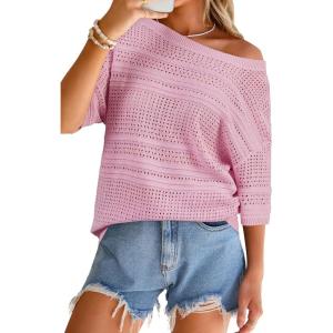 Arach&Cloz Women’s Linen Blend Off Shoulder Summer Cover Up Beach Casual Crochet Tops Hollow Out Vacation Outfits 2026(Pink)