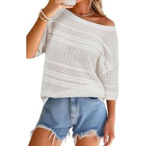 Arach&Cloz Women’s Linen Blend Off Shoulder Summer Cover Up Beach Casual Crochet Tops Hollow Out Vacation Outfits 2026(White)