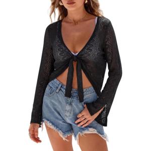 Arach&Cloz Women’s Linen Blend Tie Front Bolero Shrug Beach Cropped Cover Up 2026(Black)