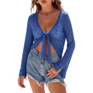 Arach&Cloz Women’s Linen Blend Tie Front Bolero Shrug Beach Cropped Cover Up 2026(Navy)
