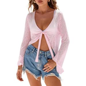 Arach&Cloz Women’s Linen Blend Tie Front Bolero Shrug Beach Cropped Cover Up 2026(Pink)