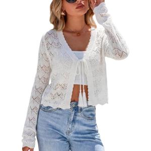 Arach&Cloz Women’s Linen Tie Front Crochet Spring Shrug Beach Vacation Cropped Cardigan(White)