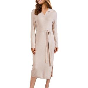 Arach&Cloz Women’s Wool Blend Side Slit Polo Sweater Dresses 2025 Fall Business Casual Outfits(Beige)