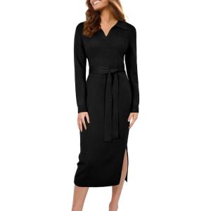 Arach&Cloz Women’s Wool Blend Side Slit Polo Sweater Dresses 2025 Fall Business Casual Outfits(Black)