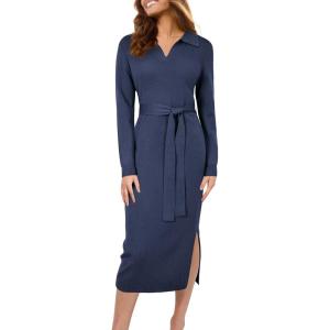Arach&Cloz Women’s Wool Blend Side Slit Polo Sweater Dresses 2025 Fall Business Casual Outfits(Dark Blue)