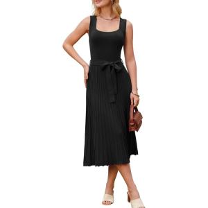 Arach&Cloz Women’s Wool Blend Square Neck Tie Waist Pleated Summer Sweater Dress 2026(Black)