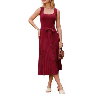 Arach&Cloz Women’s Wool Blend Square Neck Tie Waist Pleated Summer Sweater Dress 2026(Burgundy)