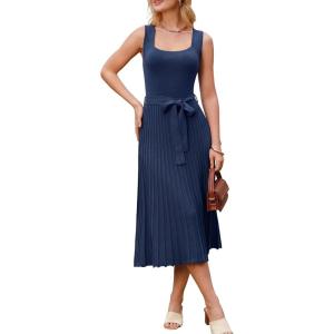 Arach&Cloz Women’s Wool Blend Square Neck Tie Waist Pleated Summer Sweater Dress 2026(Navy)