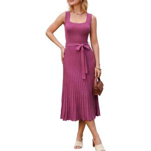 Arach&Cloz Women’s Wool Blend Square Neck Tie Waist Pleated Summer Sweater Dress 2026(Rose Red)
