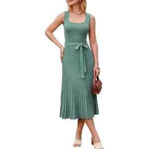 Arach&Cloz Women’s Wool Blend Square Neck Tie Waist Pleated Summer Sweater Dress 2026(Sage Green)
