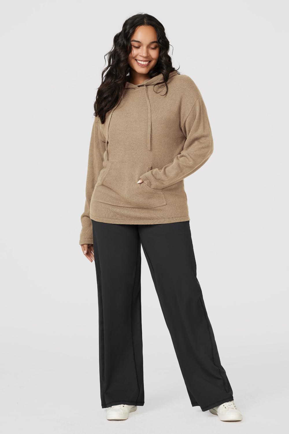 imageArachampCloz Womens 2023 Two Piece Outfits Knit Sweaters Hoodies and Wide Leg Yoga Pants Tracksuit Lounge Sets with PocketsKhaki