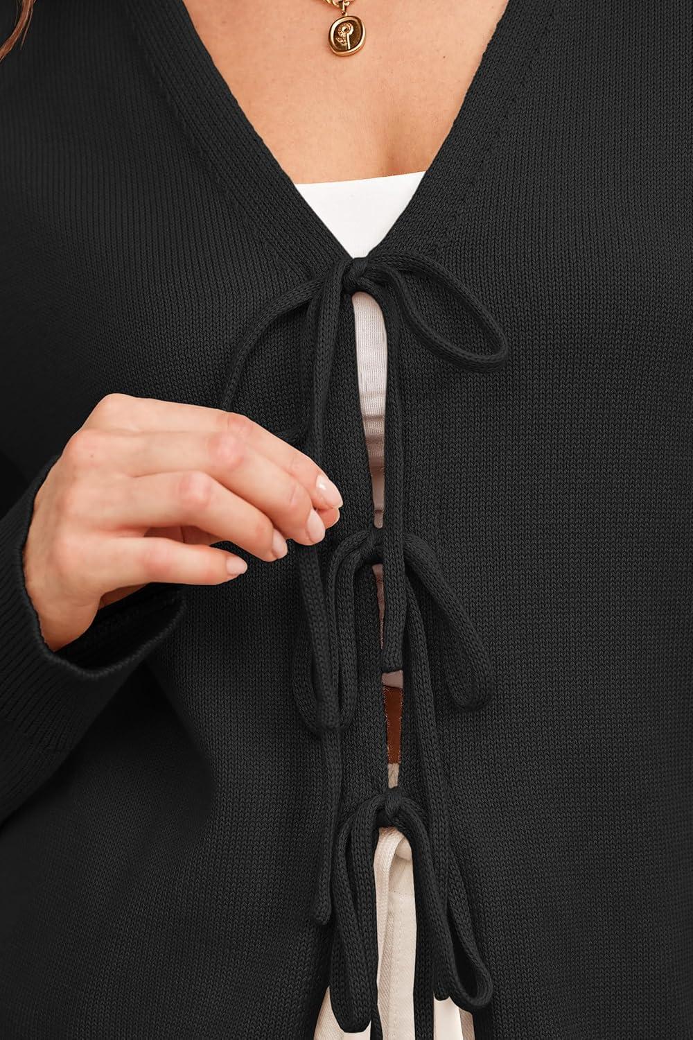 imageArachampCloz Womens Cozy Cotton Tie Front Fall Trendy Bow Cardigan Sweaters 2025Black