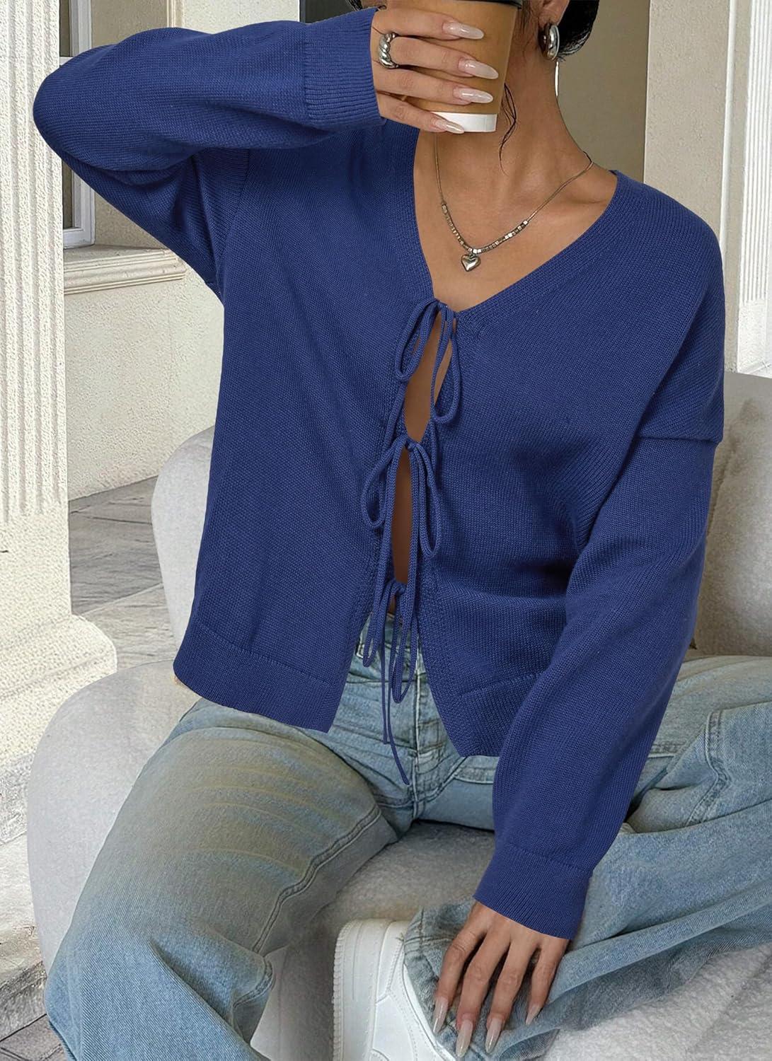 imageArachampCloz Womens Cozy Cotton Tie Front Fall Trendy Bow Cardigan Sweaters 2025Dark Blue