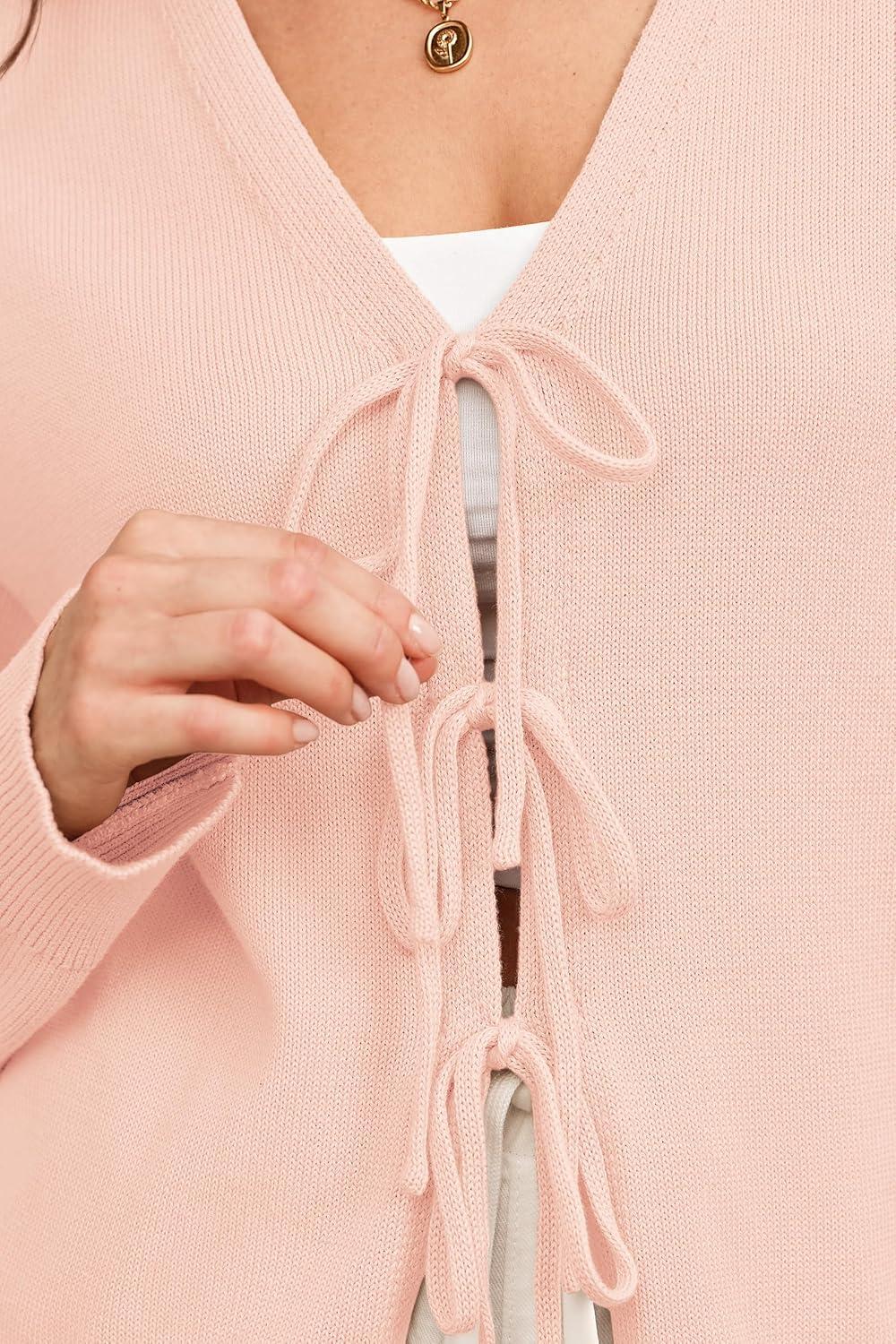 imageArachampCloz Womens Cozy Cotton Tie Front Fall Trendy Bow Cardigan Sweaters 2025Light Pink