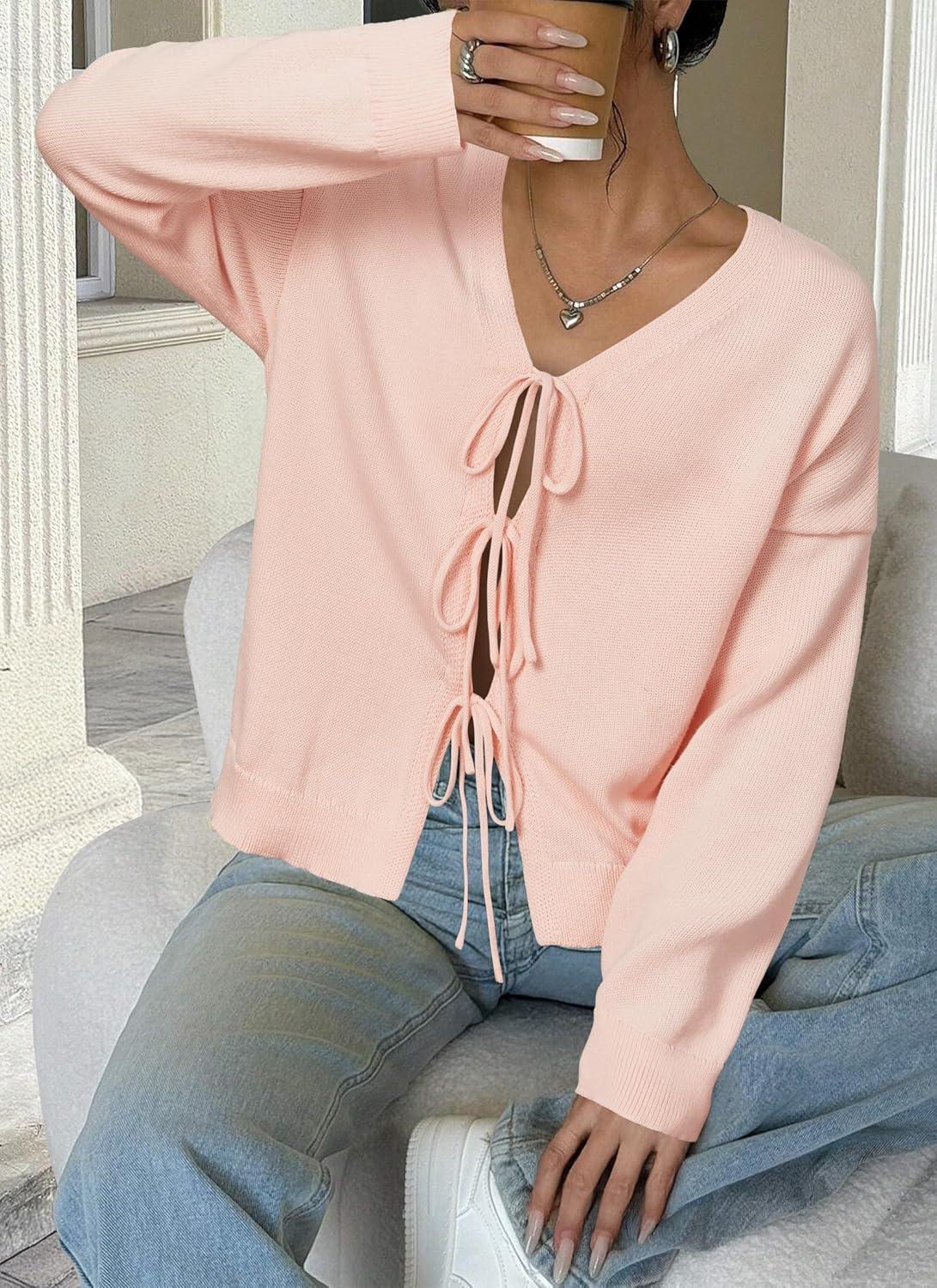 imageArachampCloz Womens Cozy Cotton Tie Front Fall Trendy Bow Cardigan Sweaters 2025Light Pink