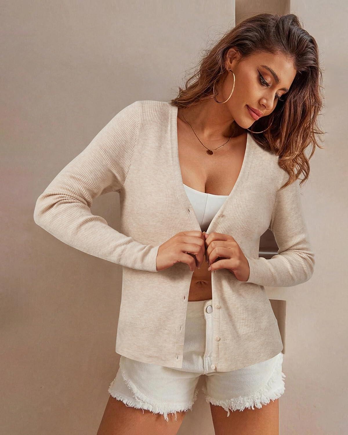 imageArachampCloz Womens Wool Blended Ribbed Cardigan Lightweight Long Sleeve Sweater 2025 Spring Fashion Button Down Knit TopApricot