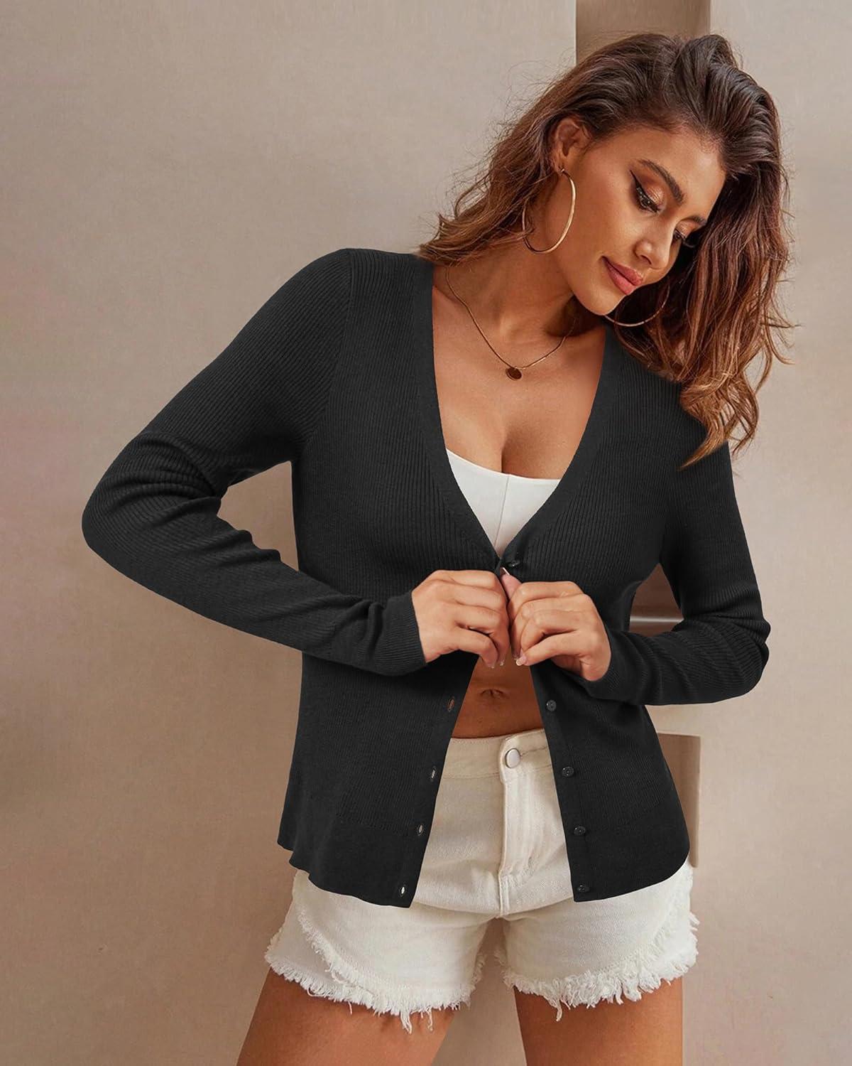 imageArachampCloz Womens Wool Blended Ribbed Cardigan Lightweight Long Sleeve Sweater 2025 Spring Fashion Button Down Knit TopBlack