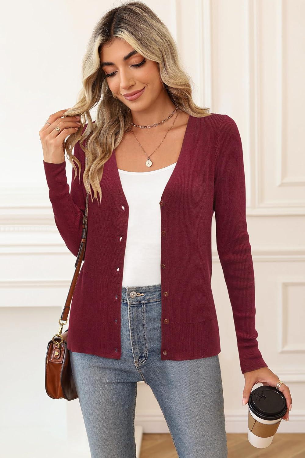 imageArachampCloz Womens Wool Blended Ribbed Cardigan Lightweight Long Sleeve Sweater 2025 Spring Fashion Button Down Knit TopRed