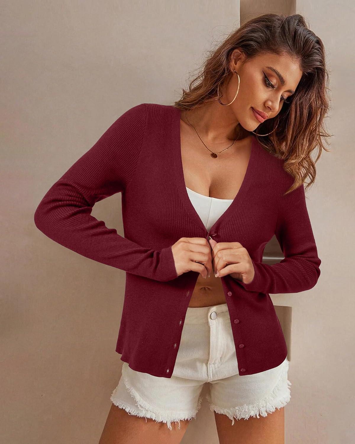 imageArachampCloz Womens Wool Blended Ribbed Cardigan Lightweight Long Sleeve Sweater 2025 Spring Fashion Button Down Knit TopRed