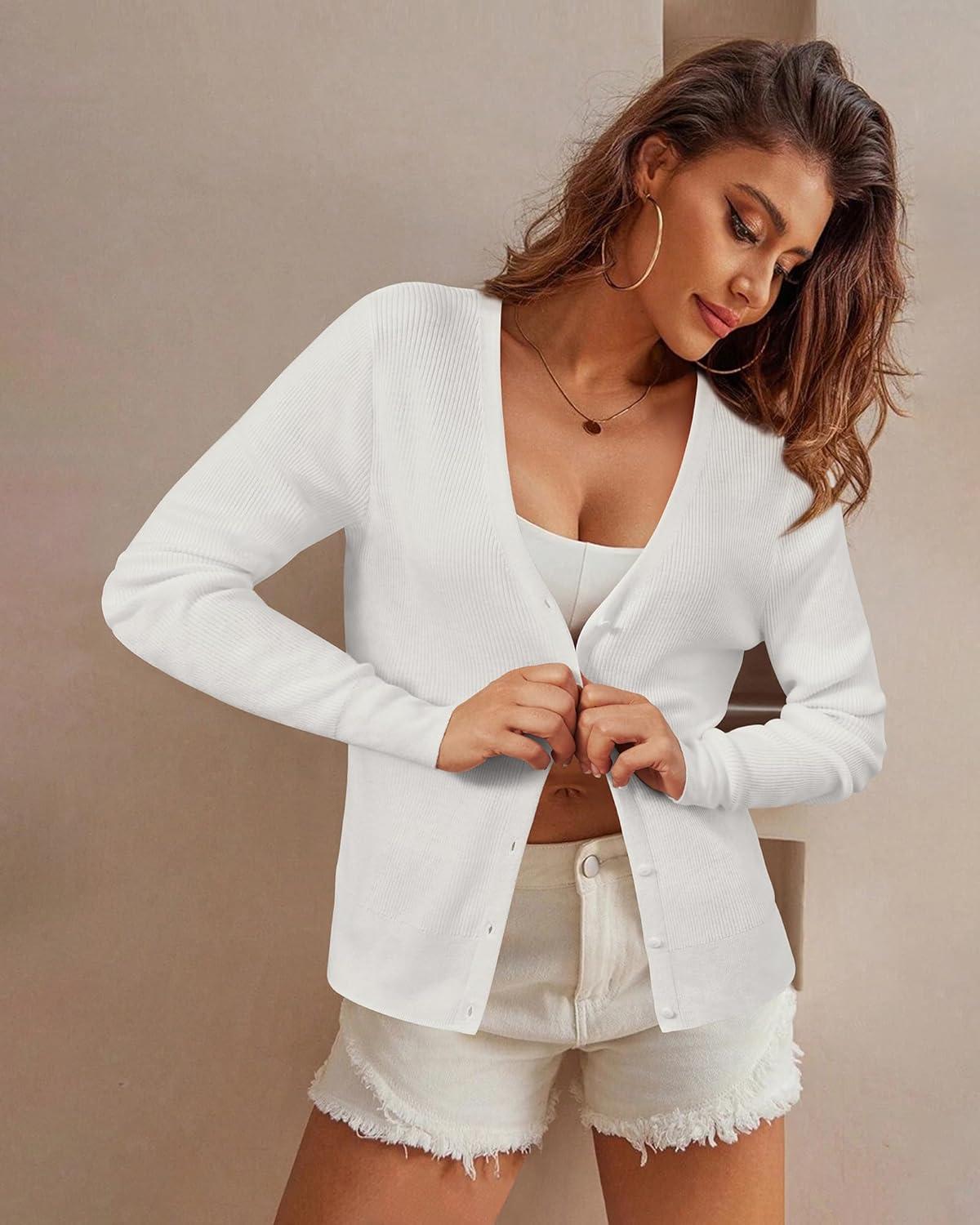 imageArachampCloz Womens Wool Blended Ribbed Cardigan Lightweight Long Sleeve Sweater 2025 Spring Fashion Button Down Knit TopWhite