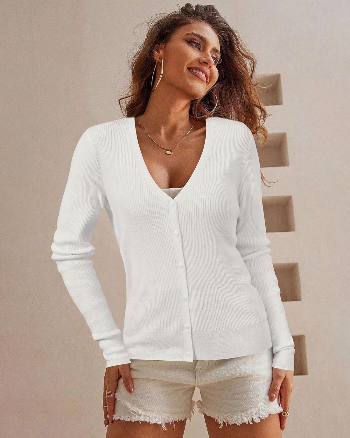 imageArachampCloz Womens Wool Blended Ribbed Cardigan Lightweight Long Sleeve Sweater 2025 Spring Fashion Button Down Knit TopWhite