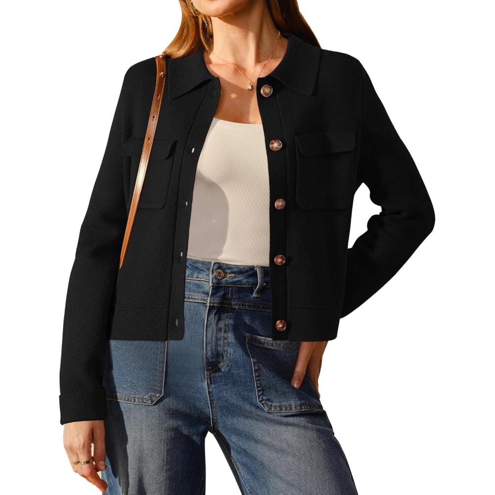imageArachampCloz Womens Wool Blend Spring Fashion Button Down Cropped Cardigan Sweaters 2026Black
