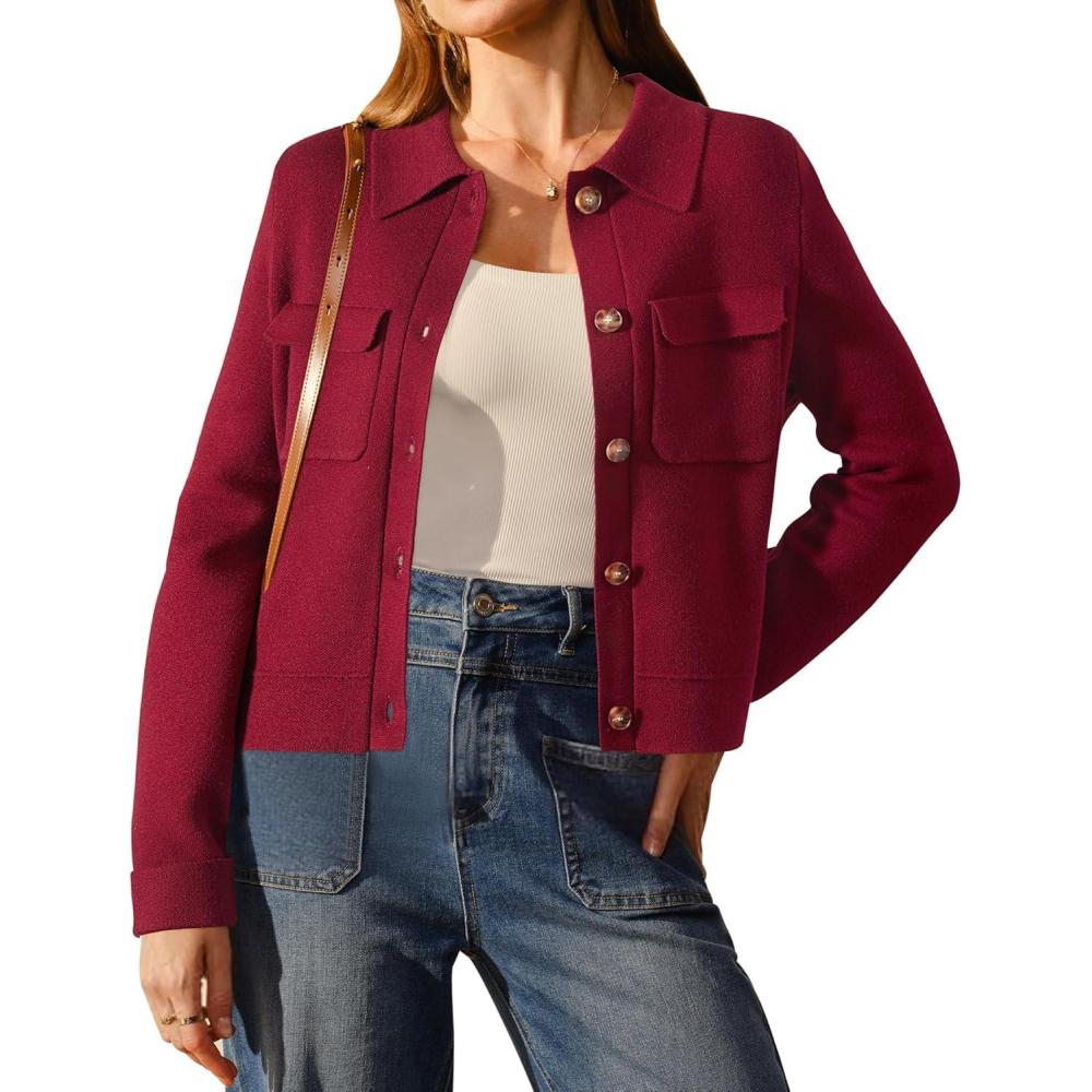 imageArachampCloz Womens Wool Blend Spring Fashion Button Down Cropped Cardigan Sweaters 2026Red