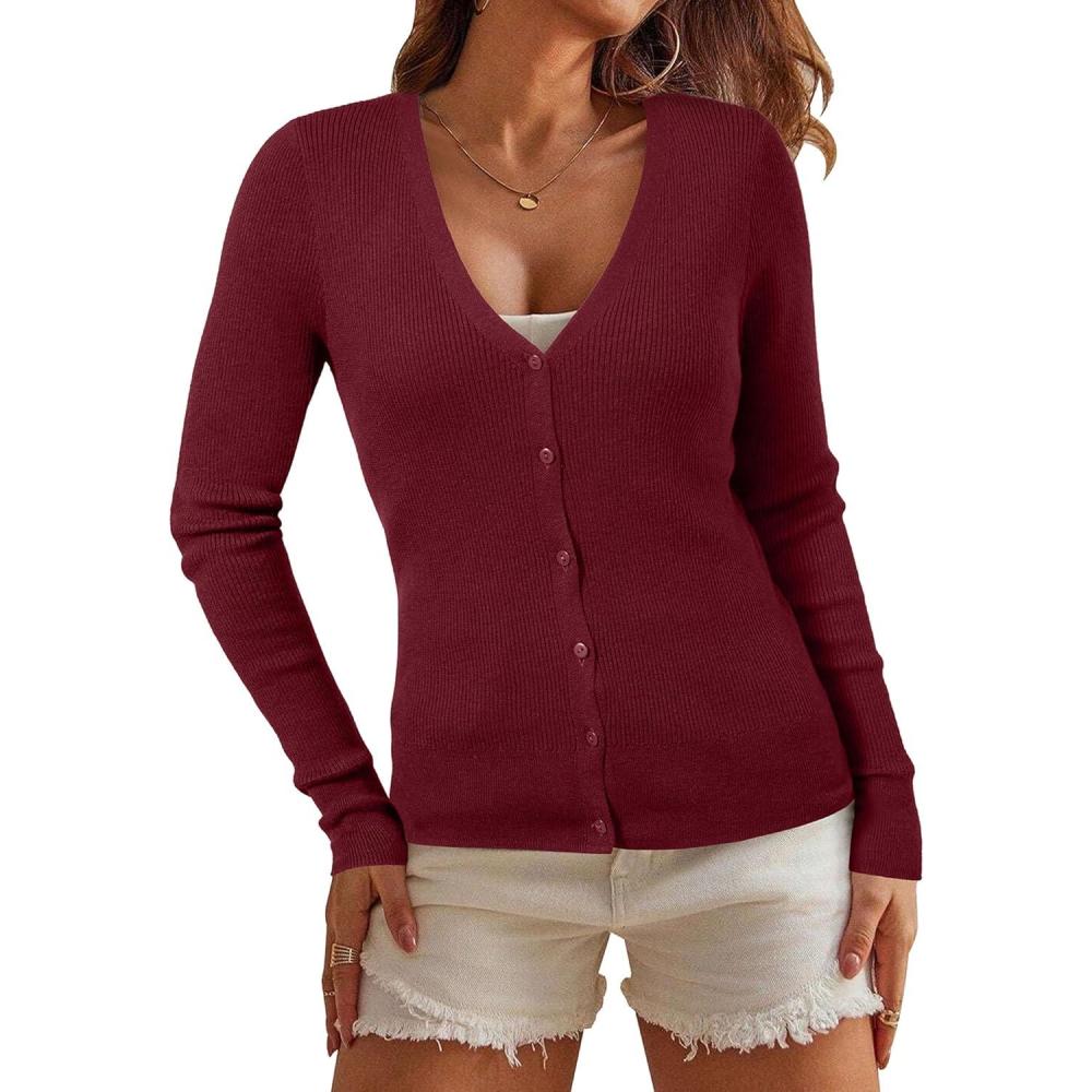 imageArachampCloz Womens Wool Blended Ribbed Cardigan Lightweight Long Sleeve Sweater 2025 Spring Fashion Button Down Knit TopRed
