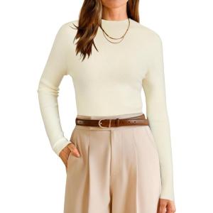 Arach&Cloz Women’s Wool Blend Fall Seamless Rip Resistant Warm Layered Tops Business Casual Sweaters(Off-white)
