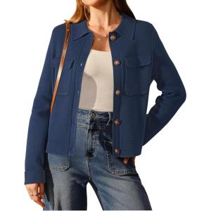 Arach&Cloz Women’s Wool Blend Spring Fashion Button Down Cropped Cardigan Sweaters 2026(Dark Navy)