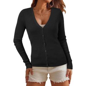 Arach&Cloz Womens Wool Blended Ribbed Cardigan Lightweight Long Sleeve Sweater 2025 Spring Fashion Button Down Knit Top(Black)